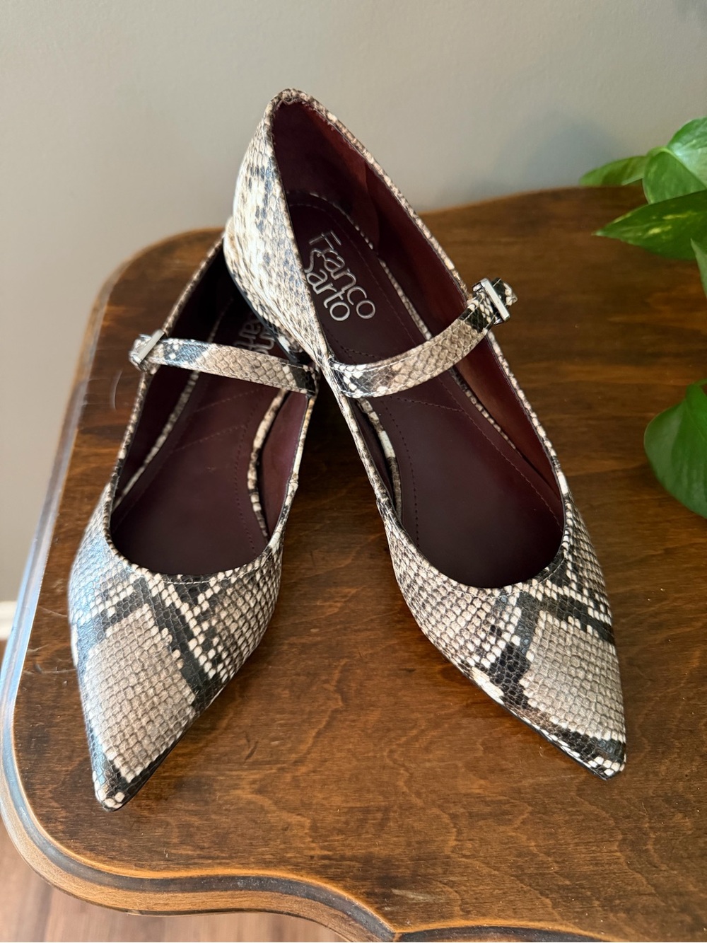 Franco Sarto Women's Snake-Print Pointed Mary Jane Flats in Beige/Black. Size 7